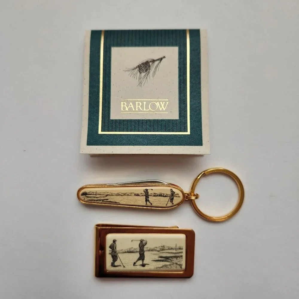 Vintage Barlow Designs Gold Money Clip and Keychain Set With Golfer Design